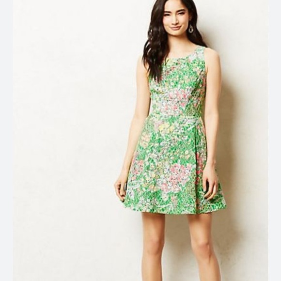 ANTHROPOLOGIE MAEVE Floral Green AND PINK SEQUIN VERBENA Dress (2) - Picture 2 of 10
